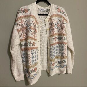 Cottagecore Vintage Pearl Knit Colorful Patterned Cardigan Cream Sweater